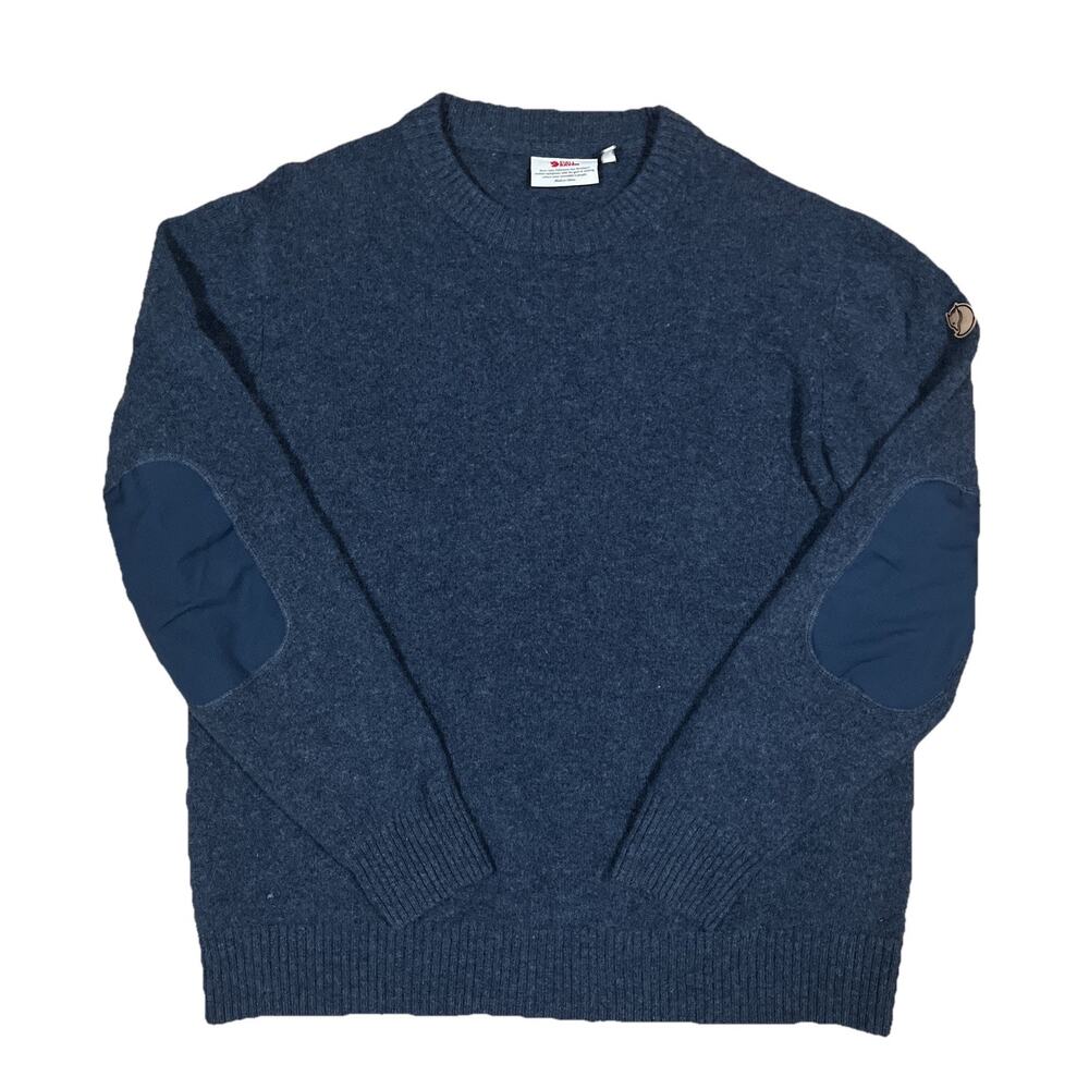 Fjallraven Ovik Round-neck Sweater Blue Wool Elbow Patches XXL Tag Fits M/L